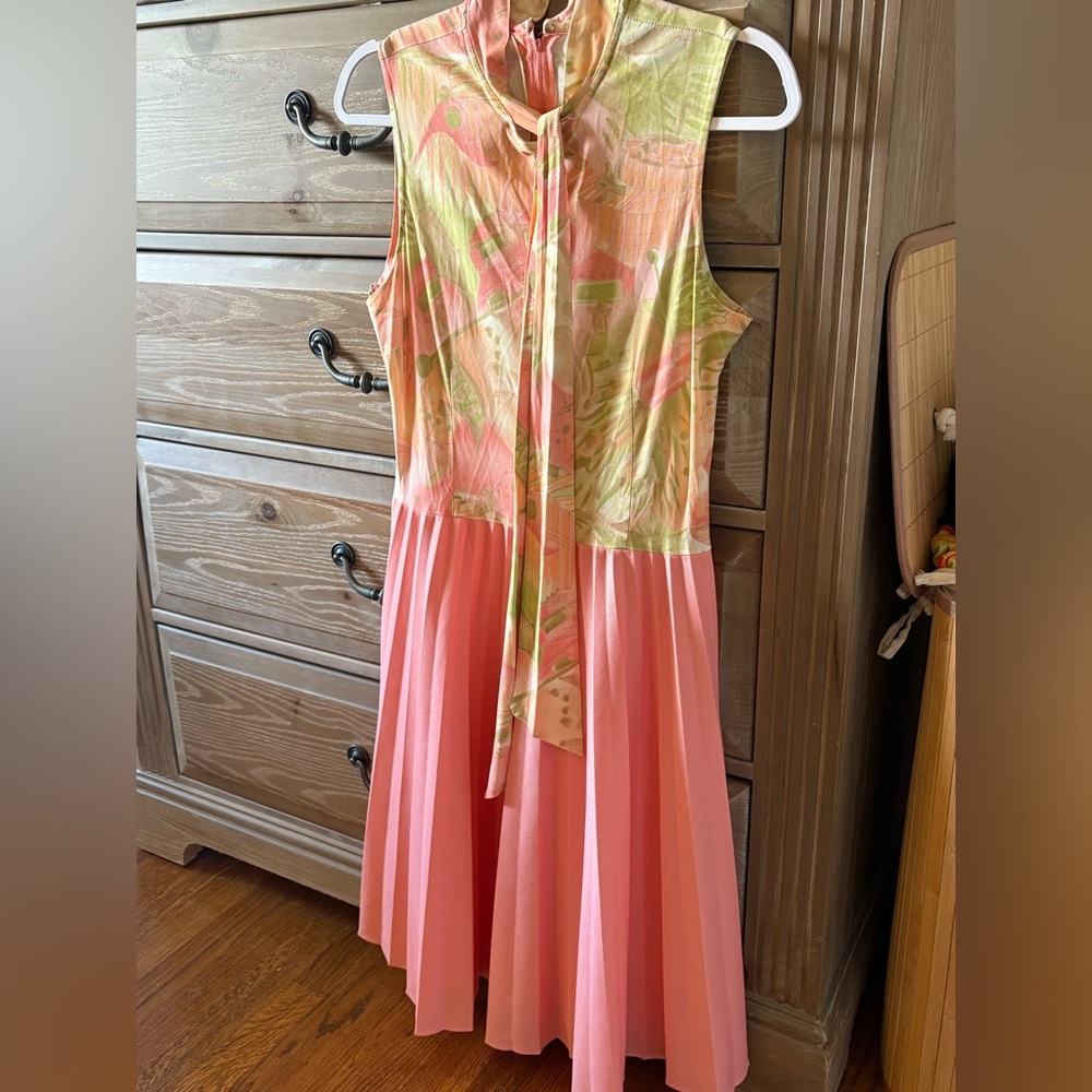 Rare Vintage Carnival/Fair Theme Pink and Orange Dress with Tie Neck and Pleats